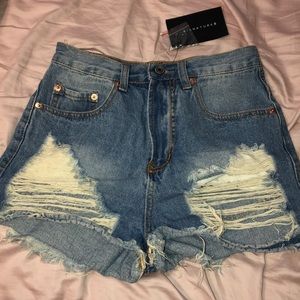 Distressed high waisted denim shorts